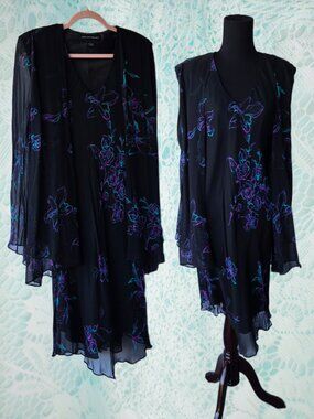 Jones New York Black Silk Evening Jacket Maxi Dress Evening Asymmetric Hem